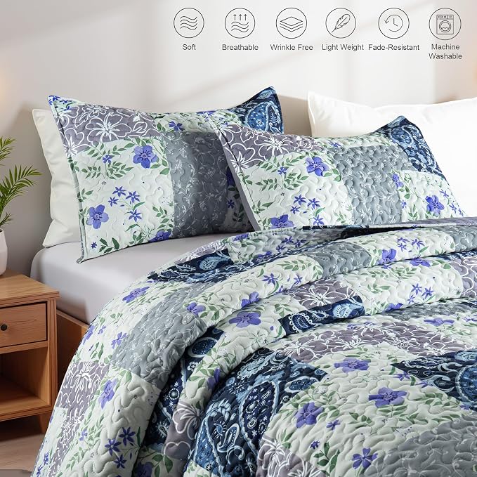 Whale Flotilla Patchwork Quilt Twin Size, Soft Boho Floral Bedspreads - Image 3