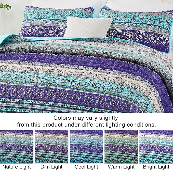 WONGS BEDDING Boho Queen Quilt Set, Lightweight Microfiber Bed Decor Bedspread - Image 3