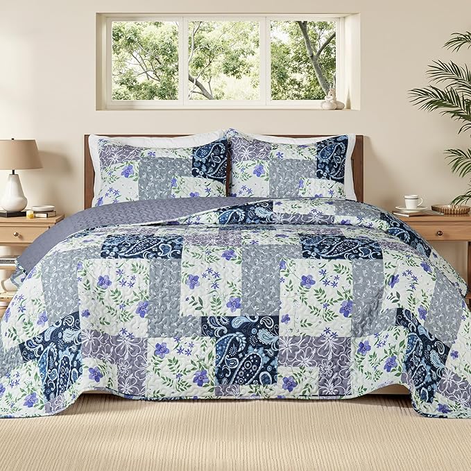 Whale Flotilla Patchwork Quilts Queen Size, Soft Boho Floral Bedspreads by WHALEFLOTILLA