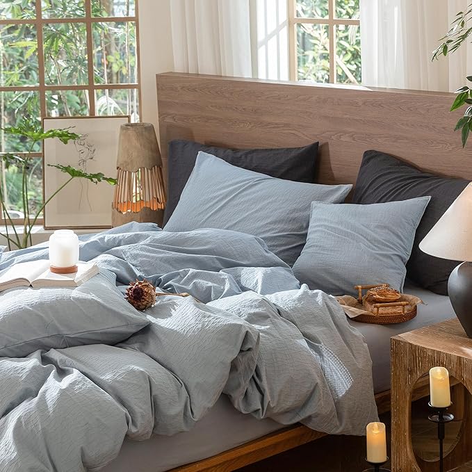 MooMee Wavy Striped Duvet Cover Set 100% Washed Cotton Linen Like Textured - Image 4
