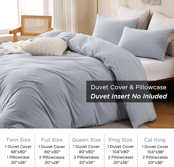 TOCOMOA Mini Gingham Blue Duvet Cover Bedding Set 100% Washed Cotton Like Linen - Image 8