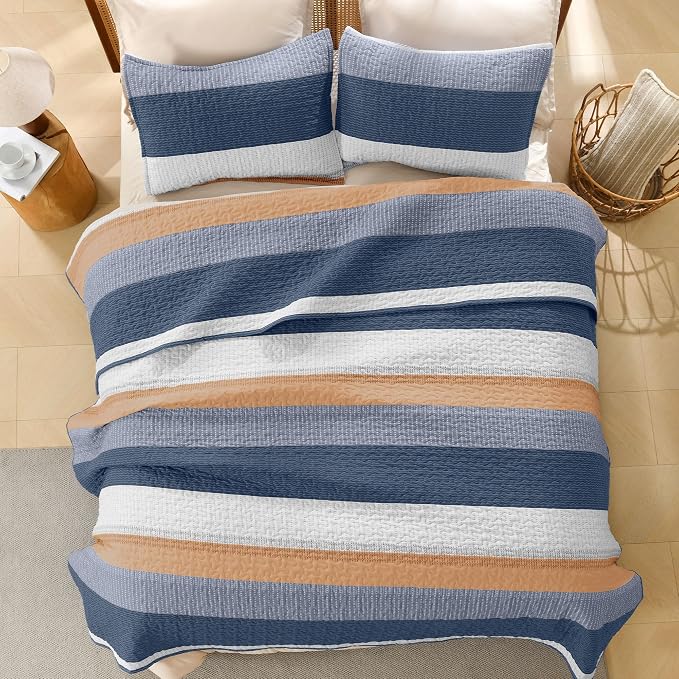 Litanika California King Quilt Set BlueO, Stripe Patchwork Summer Bedspread - Image 3