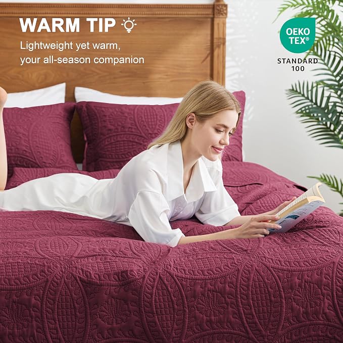 Love's cabin Quilts for Queen Bed Burgundy Bedspreads Bedding Set - Image 4
