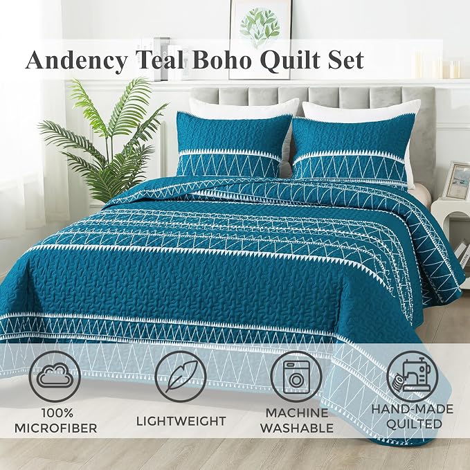Andency Teal Twin Quilt Set, 2 Pieces Boho Lightweight Soft Striped Bedspread - Image 2
