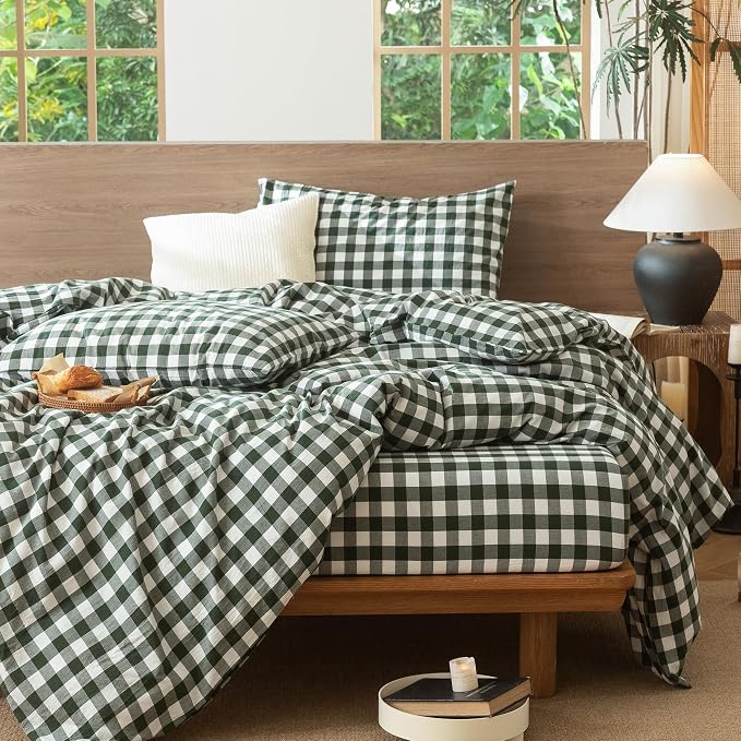 MooMee Gingham Duvet Cover Set 100% Washed Cotton Linen Like Textured - Image 6