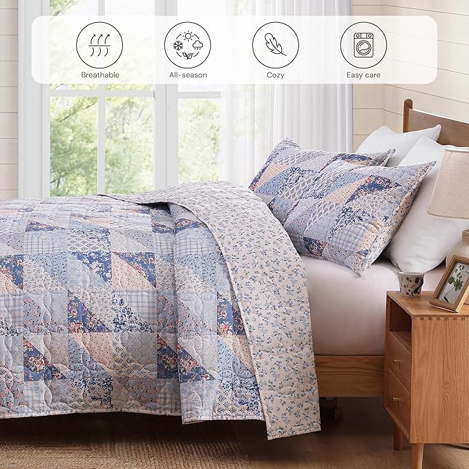 BLOOMHAVEN Quilt Set Queen Size, Patchwork Blue Pink Marigold Floral Quilt Sets - Image 4