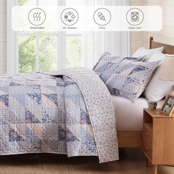 BLOOMHAVEN Quilt Set Twin Size, Patchwork Blue Pink Marigold Floral Quilt Sets - Image 4