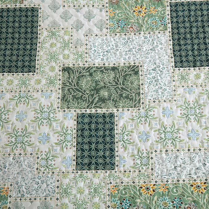 Xruibed Patchwork Quilt Set Queen Size 3 Pieces Green Floral Plaid Bedspread - Image 5