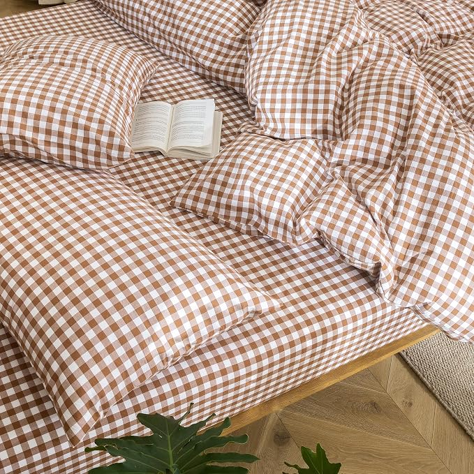 MooMee Gingham Duvet Cover Set 100% Washed Cotton Linen Like Textured - Image 8
