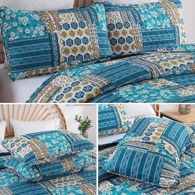 Mybedsoul Dusty Blue Quilt Set King Size, 3 Pieces Plaid Floral Bedspread Set - Image 5