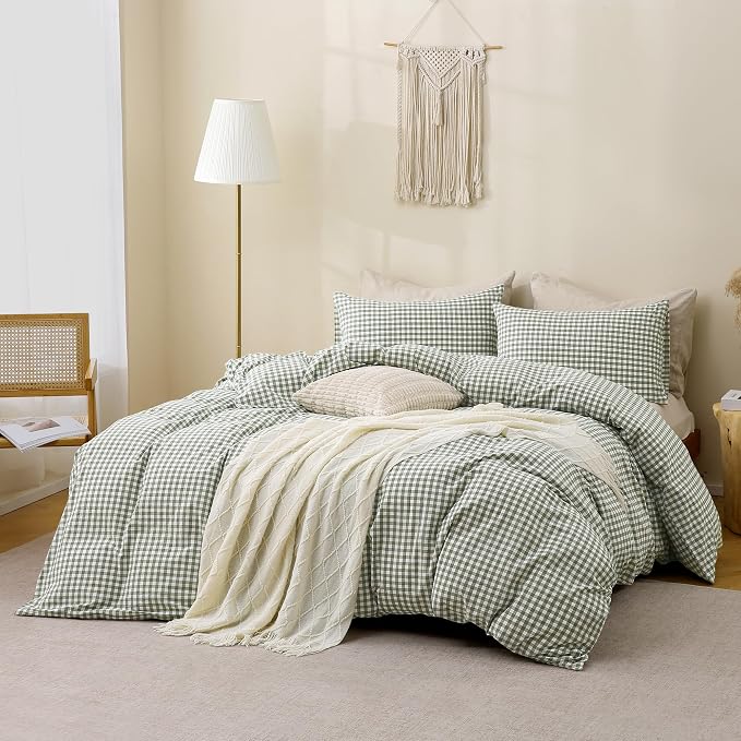 TOCOMOA Green Gingham Duvet Cover Bedding Set 100% Washed Cotton Like Linen - Image 2