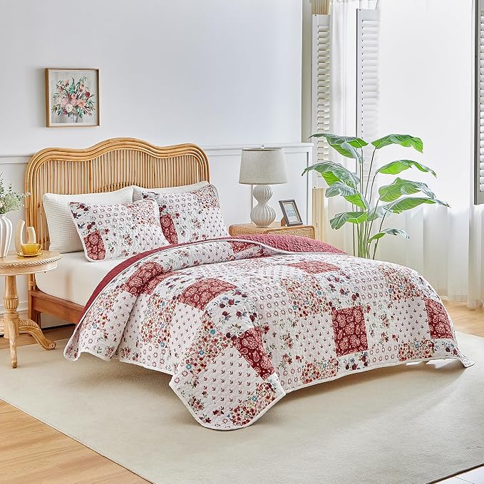 Joyreap 2 Pieces Floral Patchwork Quilt Set Twin, Burgundy Red n White Flowers - Image 2