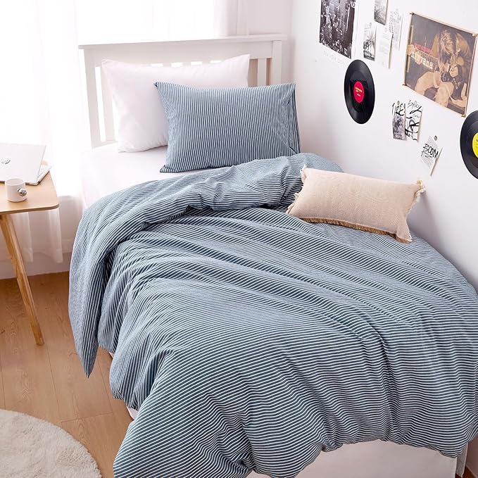 Wake In Cloud - Striped Cotton Duvet Cover Set, 100% Washed Cotton Textured by WakeInCloud