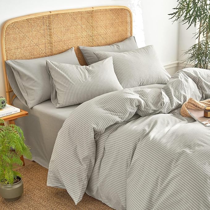 Wake In Cloud - Striped Cotton Duvet Cover Set, 100% Washed Cotton Textured - Image 4