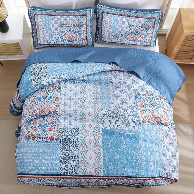 WONGS BEDDING Blue Quilt Set King Size, 3 Pieces Boho Patchwork Bedspread - Image 4