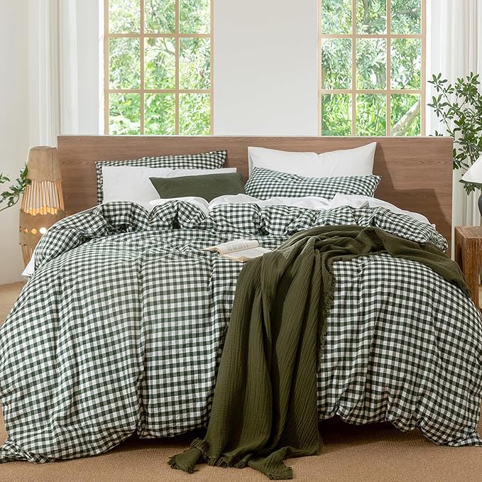 MooMee Gingham Duvet Cover Set 100% Washed Cotton Linen Like Textured by MOOMEE