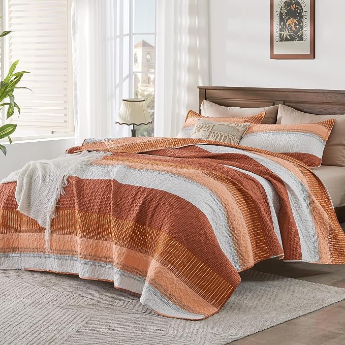 Andency Orange Quilt King, 3 Pieces Patchwork Striped Bedspread Coverlet Set - Image 4