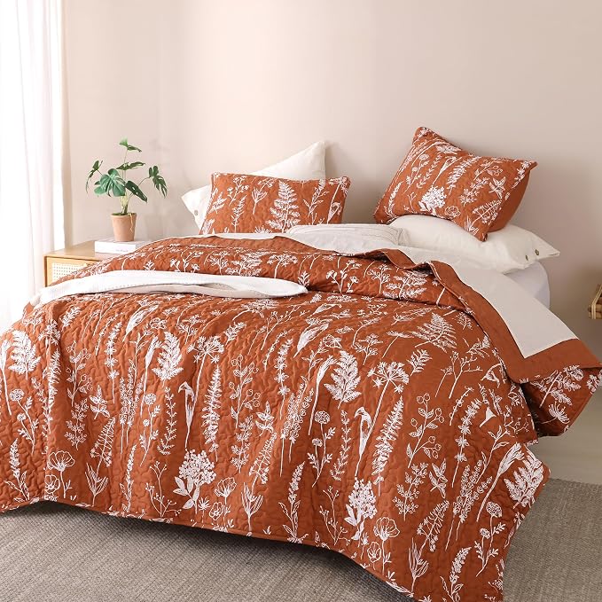 JANZAA Quilts Queen Size Floral Bed Spread Terracotta Quilts Queen Size by JANZAA