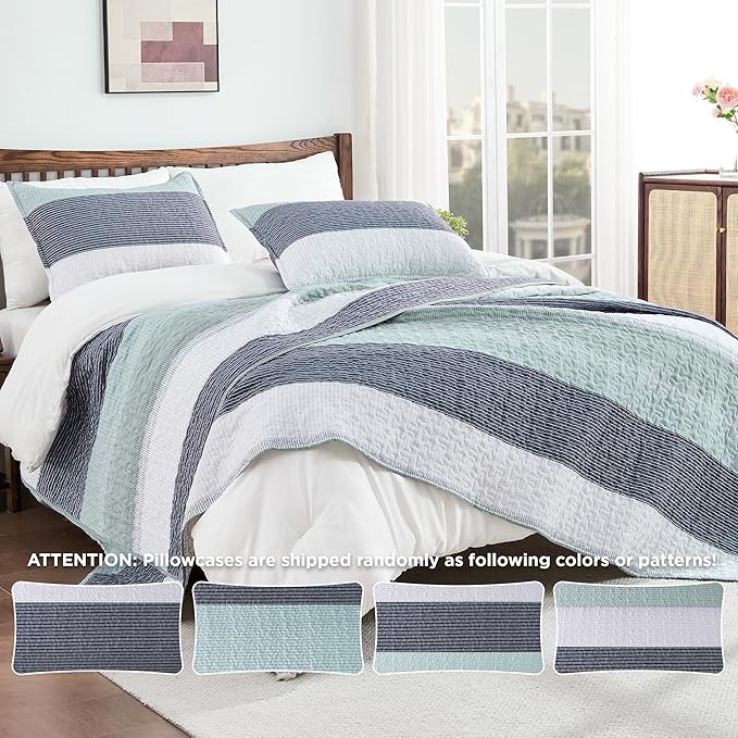 Andency Oversized King Quilt Set Sage Green, 120x120 Stripe Super King - Image 4