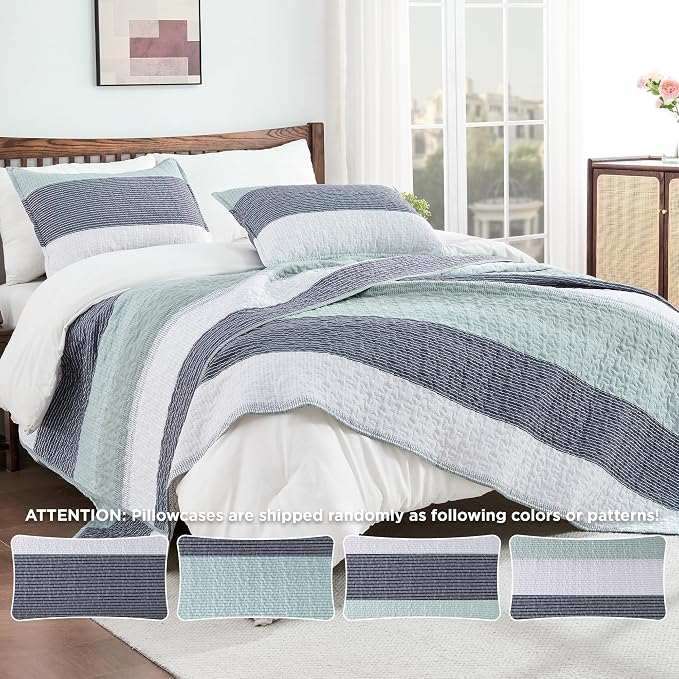 Andency Oversized Queen Quilt Bedding Set, 98x98Inch Sage Green Stripe - Image 4