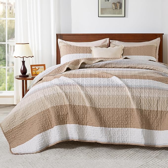 Andency Taupe Striped Quilt Queen, 3 Pieces Patchwork Bedspread Coverlet Set by Andency