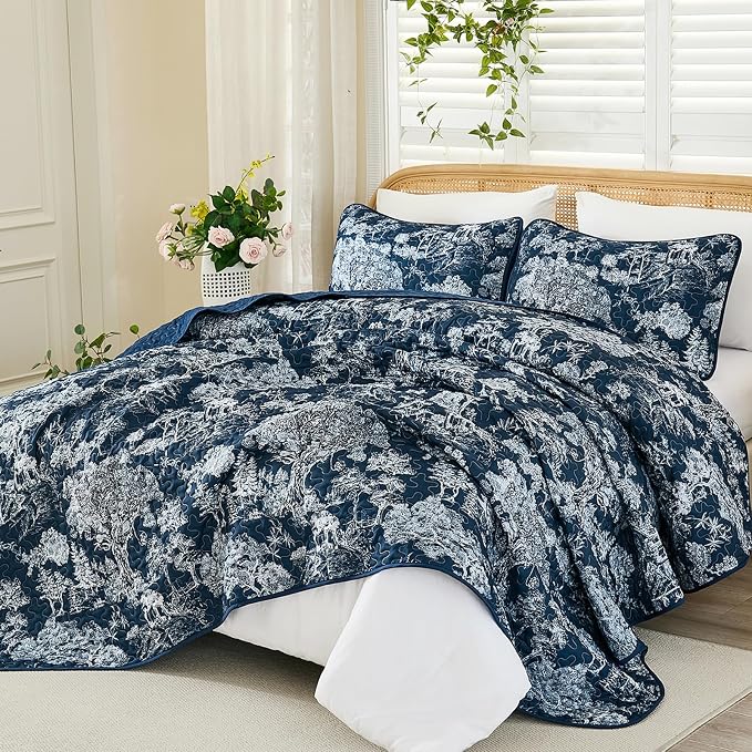 WONGS BEDDING Quilt Set Queen Size, 3 Pieces Navy Blue Floral Plants Printed - Image 5