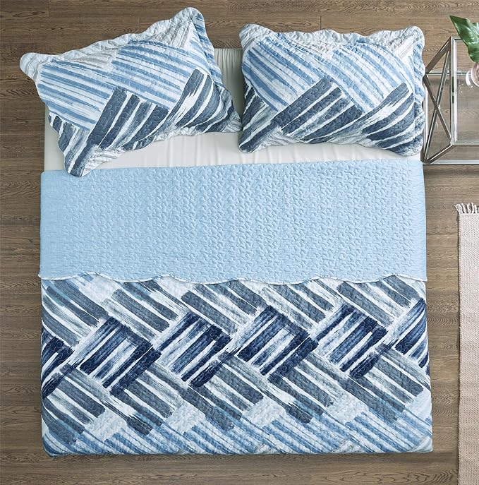 Brilliant Sunshine Blue and Grey Stripe Blocks Patchwork, 3-Piece Quilt Set - Image 6