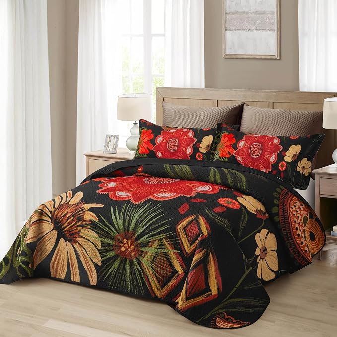 Tyrot 3 Piece Black Red Boho Floral Quilt Sets Full/Queen Farmhouse Reversible - Image 2