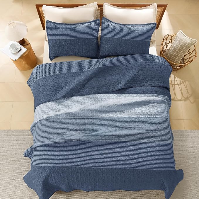 Litanika Oversized King Quilt Set Sapphire Blue, 120x98 Stripe Bedspread - Image 3