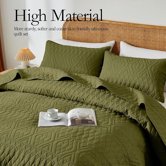 akkialla Full/Queen Size Quilt Bedding Set, Olive Green Lightweight Microfiber - Image 3