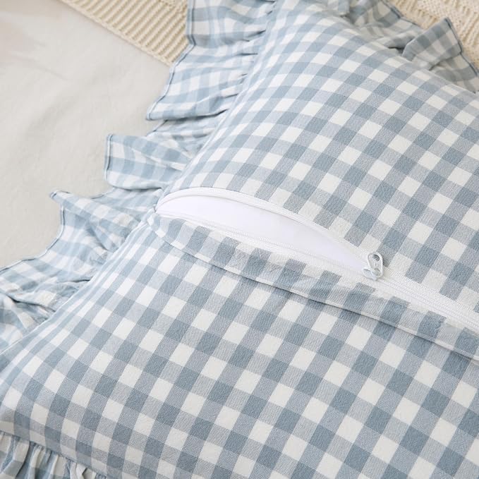 Blue White Plaid Ruffled Body Pillow Sham Washed Cotton Shabby Checkered - Image 5