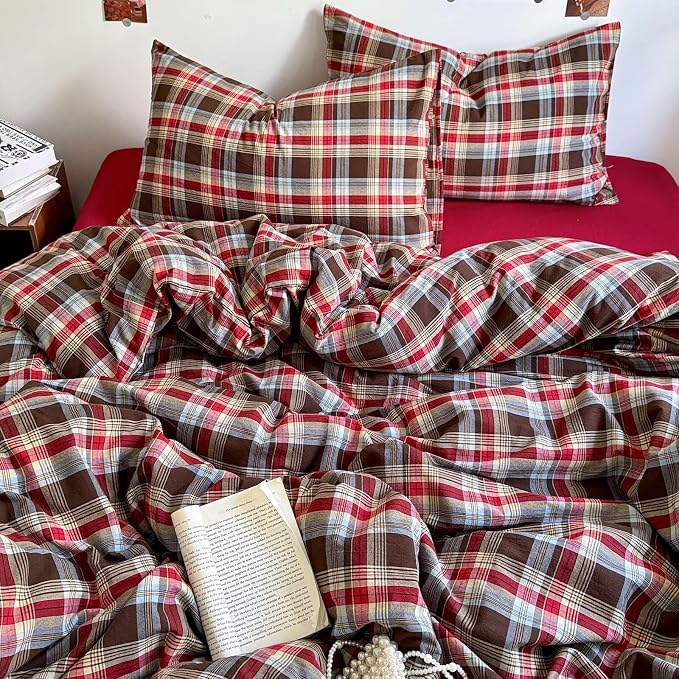 mixinni Vintage Red & Brown Buffalo Plaid Duvet Cover Set Full Size - Image 9