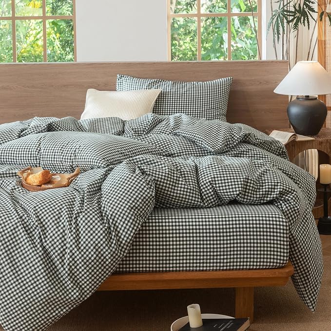 MooMee Gingham Duvet Cover Set 100% Washed Cotton Linen Like Textured - Image 6