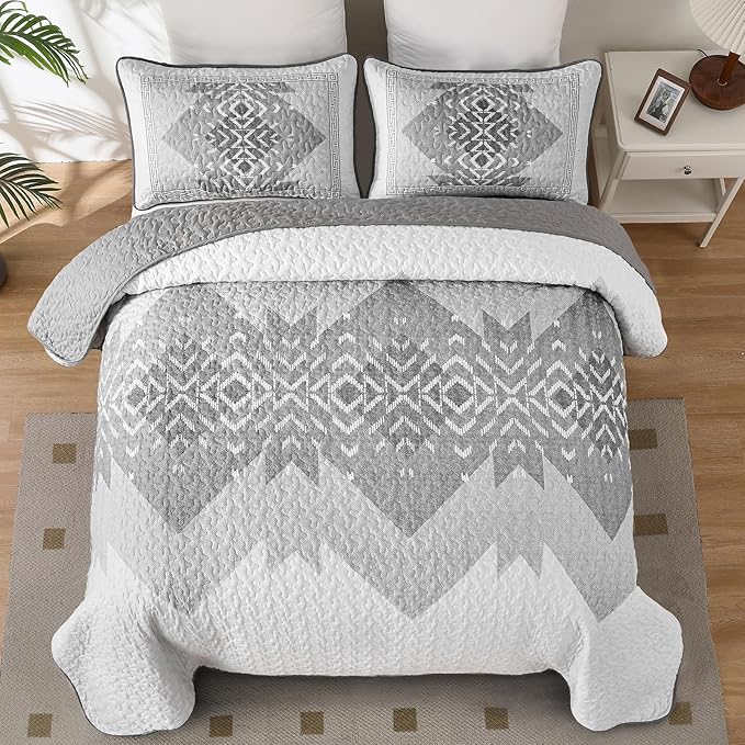 Boho Quilt Set King Size 3 Pieces Grey Aztec King Quilt Set Bohemian Bedspread - Image 2