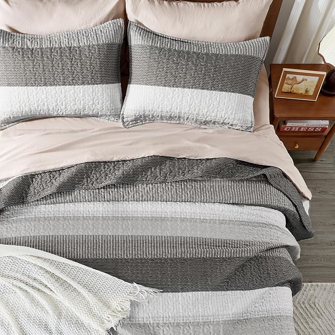 Andency Oversized King Quilt Bedding Set, 120x98Inch Dark Grey Stripe Super - Image 7