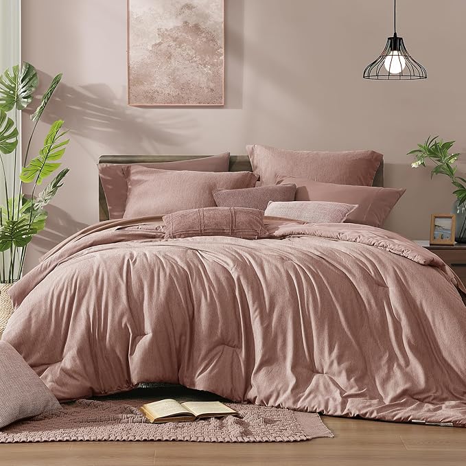 Monbix King Size Comforter Set, 7 Pieces Dusty Pink Cationic Dyeing Bed in a by Monbix