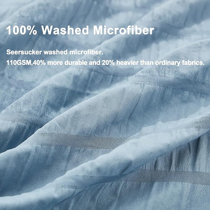 AveLom Grayish Blue Duvet Cover King, 3 Pieces, Seersucker Striped Soft Washed - Image 3