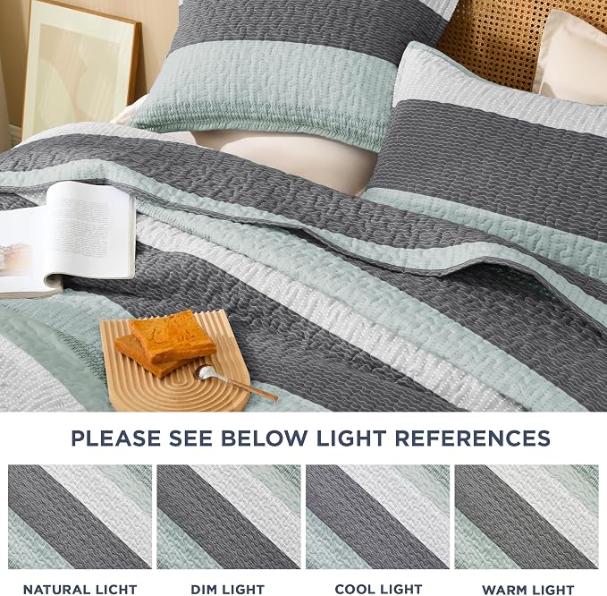 Litanika Oversized Queen Quilt Set Sage Green, 98x98 Stripe Bedspread Coverlet - Image 6