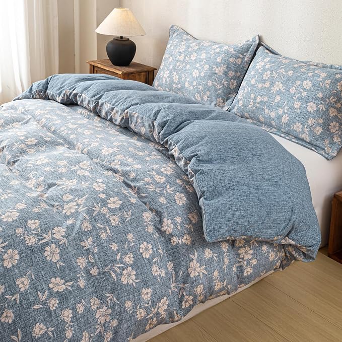 OAITE Blue Flower Queen Size Duvet Cover-3 Pieces Prewashed Cotton-Like - Image 5