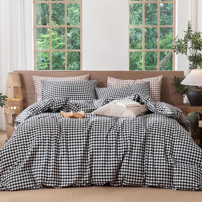 MooMee Gingham Duvet Cover Set 100% Washed Cotton Linen Like Textured by MOOMEE