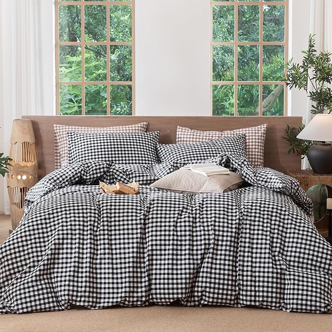 MooMee Gingham Duvet Cover Set 100% Washed Cotton Linen Like Textured by MOOMEE
