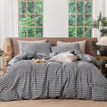 MooMee Gingham Duvet Cover Set 100% Washed Cotton Linen Like Textured by MOOMEE