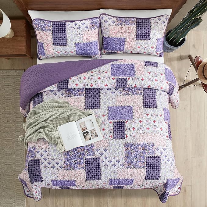 Xruibed Patchwork Quilt Set King Size 3 Pieces Plaid Floral Bedspread Coverlet - Image 4