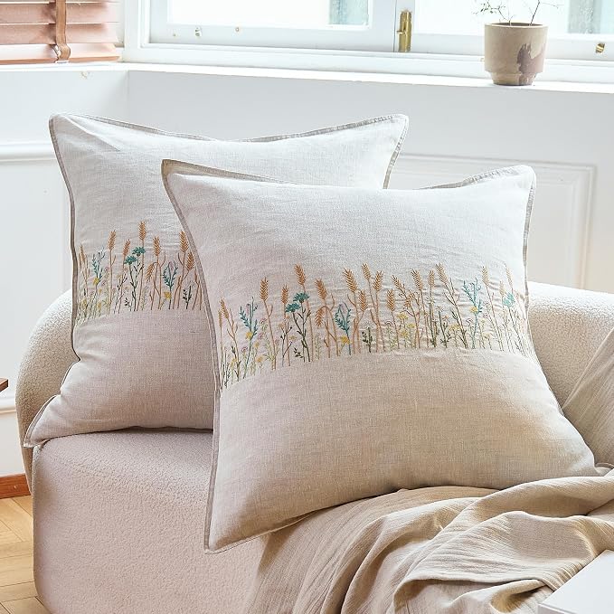 Simple&Opulence 100% Linen Euro Shams 26'' x 26'' Pack of 2, Embroidery Wheat by SimpleOpulence