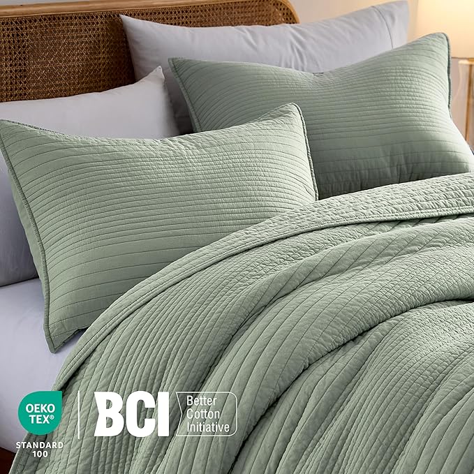 palassio Striped Sage Green 100% Cotton Quilt Queen Size Bedding Sets, - Image 3