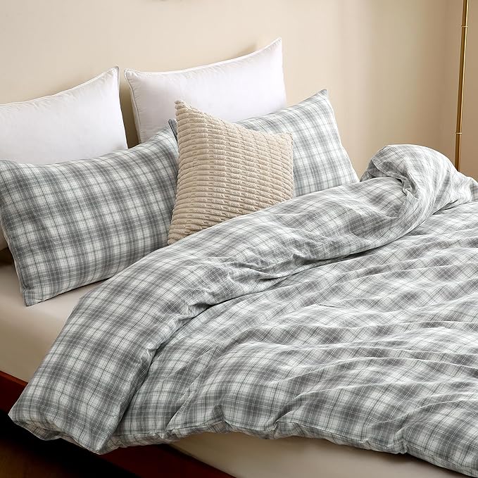 TOCOMOA Plaid Duvet Cover Set 100% Washed Cotton Like Linen Feel Super Soft - Image 4