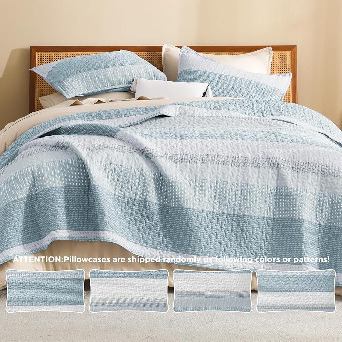 Litanika Quilt Queen Size Spa Blue, Stripe Patchwork Summer Bedspread Coverlet - Image 5