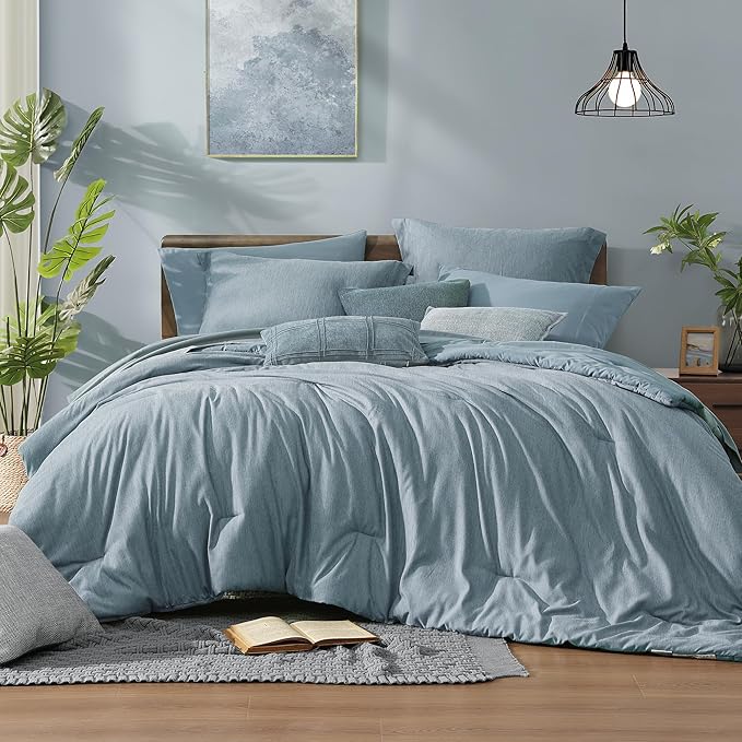 Monbix Full Size Comforter Set-7 Pieces Dusty Blue Cationic Dyeing Bed in a Bag by Monbix