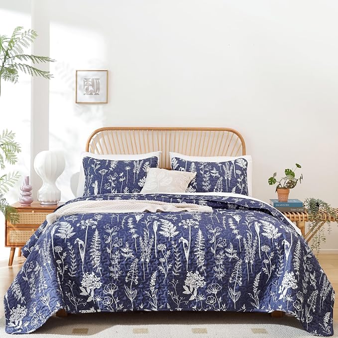 JANZAA Quilts Queen Size Navy Blue Floral Queen Quilt Bedding Set Microfiber - Image 6