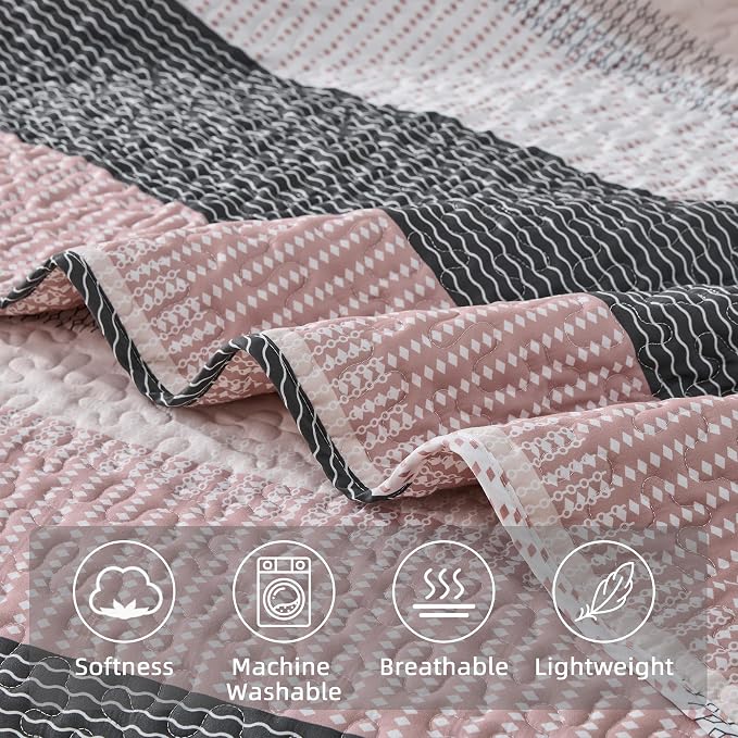 Andency Queen Quilt Bedding Set Grey Pink, 3 Pieces Patchwork Summer Striped - Image 5